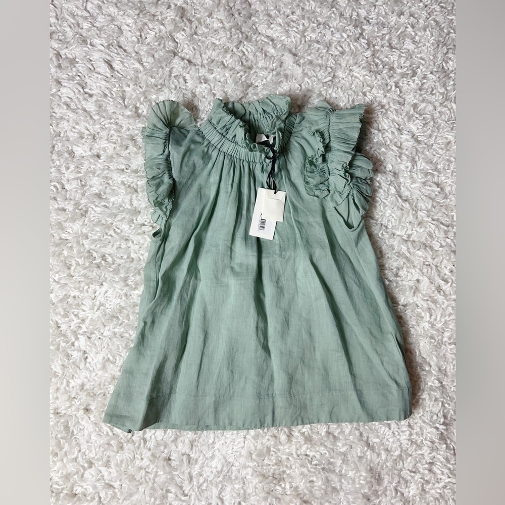 NWT Sea New York Lucy Green Pleated Sleeve Frill Collar Cotton Blouse Sz 0